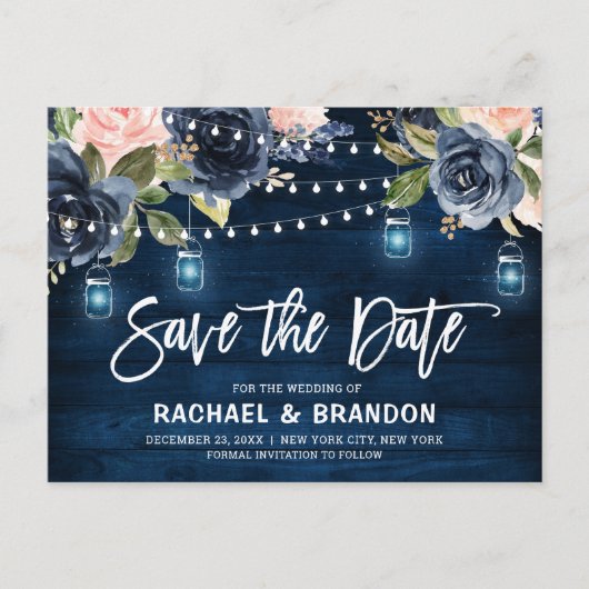 Navy Blauw Blush Bloemen String Light Save the Dat Briefkaart (Voorkant)