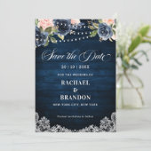 Navy Blauw Blush Bloemen String Light Save the Dat Save The Date (Staand voorkant)