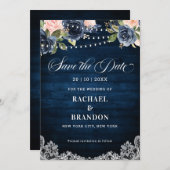 Navy Blauw Blush Bloemen String Light Save the Dat Save The Date (Voorkant / Achterkant)