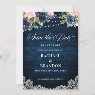Navy Blauw Blush Bloemen String Light Save the Dat Save The Date