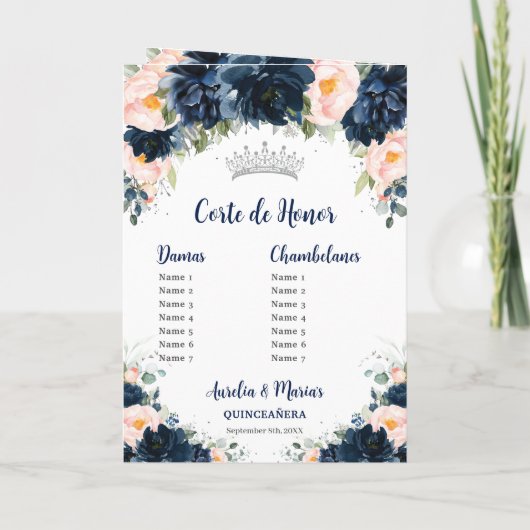 Navy Blauw Blush Bloemen Twins Prinses Quinceañera Programma (Achterkant)