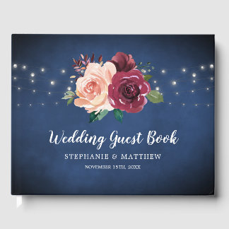 Navy Blauw Blush Bourgondië Roos String Licht Brui Gastenboek