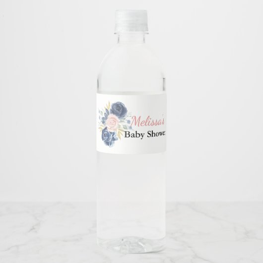 Navy blauw blush roze bloemencustom waterfles etiket (Voorkant)