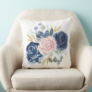 Navy blauw blush roze bloemig personaliseren kussen