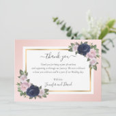 Navy Blauw Blush Roze Gouden Bloemen Dank u kaart (Staand voorkant)