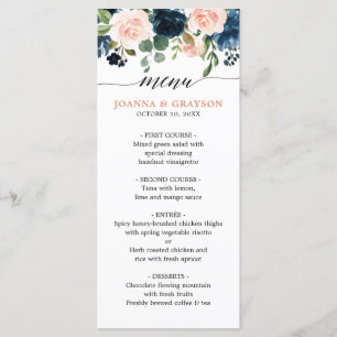 Navy Blauw Blush Roze Rose Bloemen Boho Bruiloft Menu