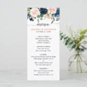 Navy Blauw Blush Roze Rose Bloemen Boho Bruiloft Menu (Staand voorkant)