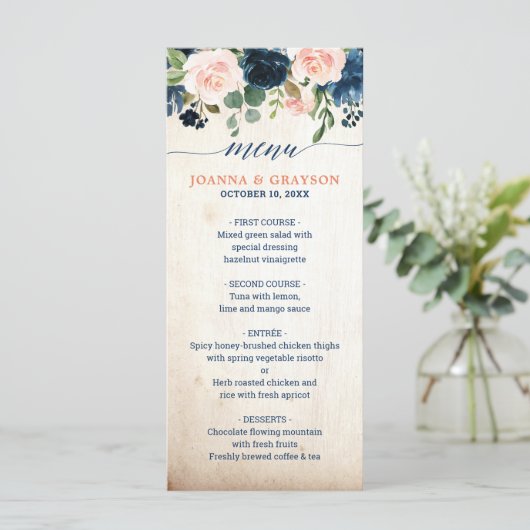 Navy Blauw Blush Roze Rose Bloemen Boho Bruiloft Menu (Staand voorkant)