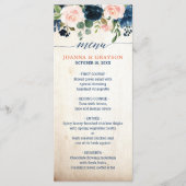 Navy Blauw Blush Roze Rose Bloemen Boho Bruiloft Menu (Voorkant)