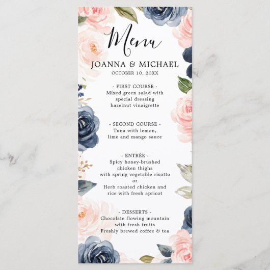 Navy Blauw Blush Roze Rose Boho Bruiloft Menu (Voorkant)