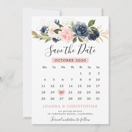 Navy Blauw Blush Roze Rose Boho Kalender Save The Date (Voorkant)