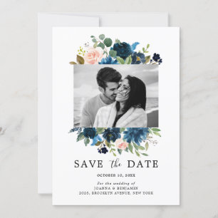 Navy Blauw Blush Roze Rose Botanische Foto Save The Date