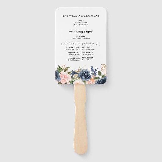 Navy Blauw Blush Roze Rose Botanische Hand Fan Handwaaier (Achterkant)