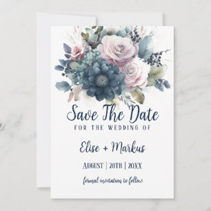 Navy Blauw Blush Roze Rozen Bruiloft Save The Date Kaart