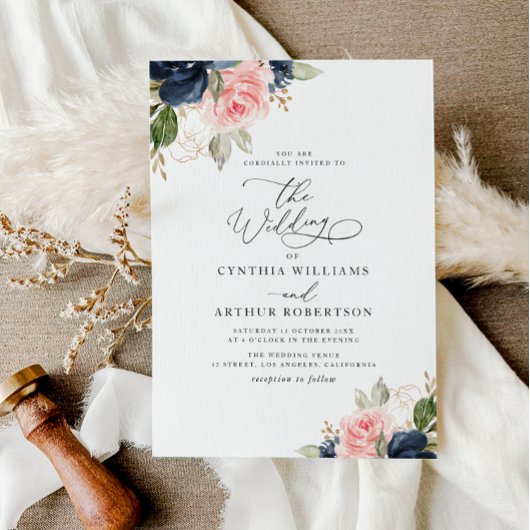 Navy blauw & blush waterverf bloemenbruiloft kaart