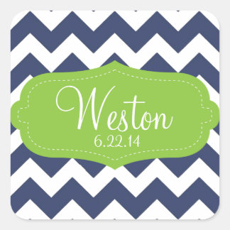 Navy blauw chevron en groen. Monogram Vierkante Sticker
