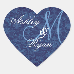 Navy Blauw Damast Bruiloft Custom Monogram Hart Sticker