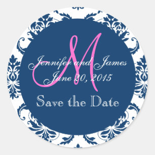 Navy Blauw Damast Roze Monogram Save the Date Ronde Sticker