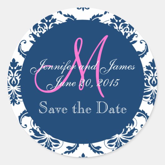 Navy Blauw Damast Roze Monogram Save the Date Ronde Sticker (Voorkant)