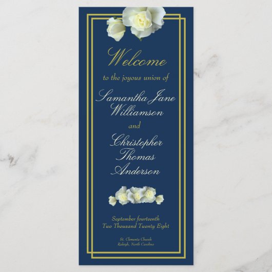 Navy Blauw Elegant Goud Script Framed White Rose Programma (Voorkant)