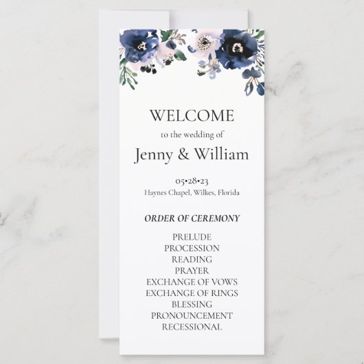 Navy Blauw en Blush Roze Elegant Bloemen Bruiloft (Voorkant)