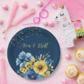 Navy Blauw en Geel Bloemen Goud Glitter Bruiloft Papieren Bordje (Feest)