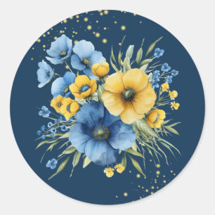 Navy Blauw en Geel Bloemen Goud Glitter Bruiloft Ronde Sticker