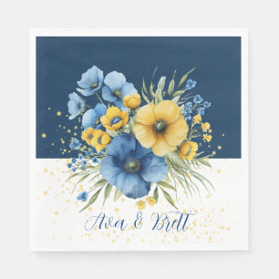 Navy Blauw en Geel Bloemen Goud Glitter Bruiloft Servet