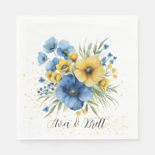 Navy Blauw en Geel Bloemen Goud Glitter Bruiloft Servet
