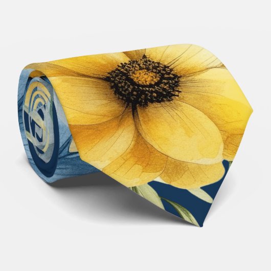 Navy Blauw en Geel Bloemen Goud Glitter Bruiloft Stropdas (Opgerold)