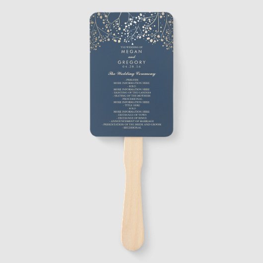 Navy blauw en goud | Baby's Breath bruiloft progra Handwaaier (Voorkant)