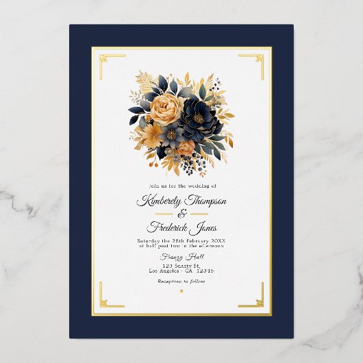Navy Blauw en Goud Bloemen Bruiloft Folie Uitnodiging (Voorkant)