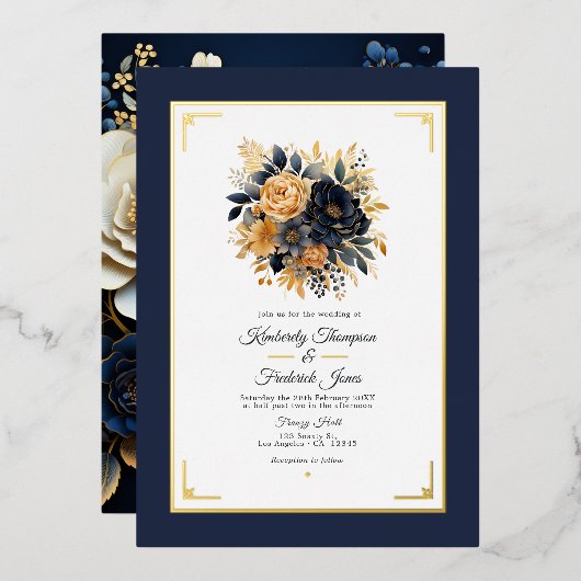 Navy Blauw en Goud Bloemen Bruiloft Folie Uitnodiging (Voorkant / Achterkant)