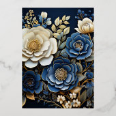 Navy Blauw en Goud Bloemen Bruiloft Folie Uitnodiging (Achterkant)