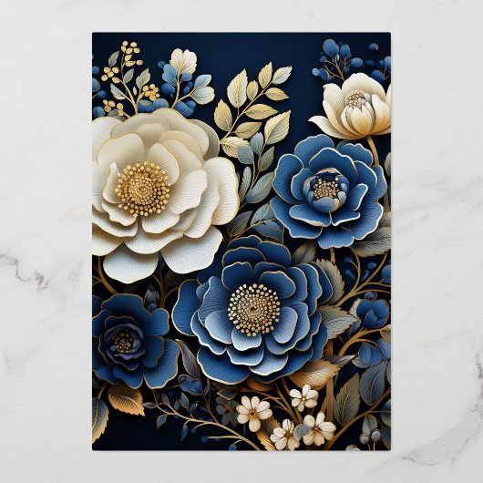 Navy Blauw en Goud Bloemen Bruiloft Folie Uitnodiging (Achterkant)