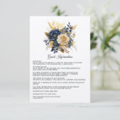 Navy Blauw en Goud Bloemen Bruiloft Gast Details Informatiekaartje (Staand voorkant)