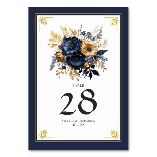 Navy Blauw en Goud Bloemen Bruiloft Kaart (Achterkant)