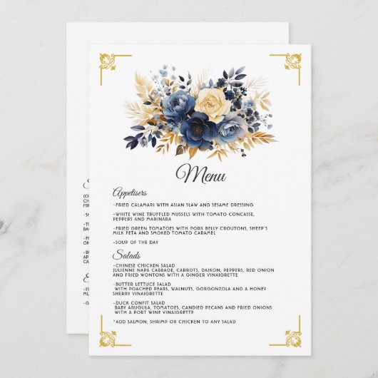Navy Blauw en Goud Bloemen Bruiloft Menu (Voorkant / Achterkant)