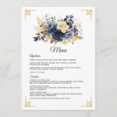 Navy Blauw en Goud Bloemen Bruiloft Menu (Voorkant)