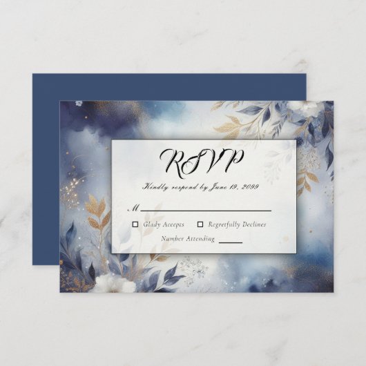 Navy Blauw en Goud Bloemen Bruiloft RSVP Kaartje (Voorkant / Achterkant)