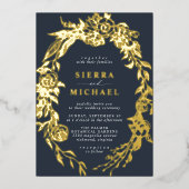 Navy Blauw en Goud Bloemen | Elegant Moody Bruilof Folie Uitnodiging (Voorkant)