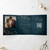 Navy Blauw en Goud Botanische Elegante Bruiloft Drieluik Uitnodiging (Binnen)