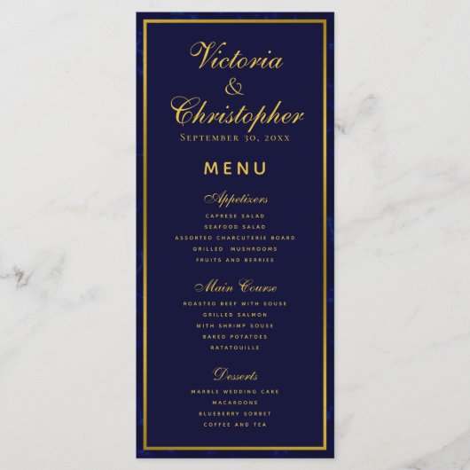 Navy Blauw en Goud Bruiloft Diner Menu (Voorkant)