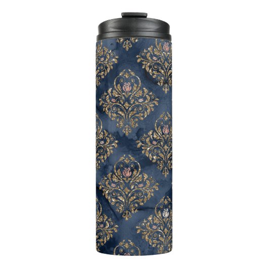 Navy Blauw en Goud  Damast Pattern Thermosbeker (Voorkant)