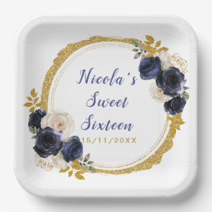 Navy Blauw en Goud Elegante Bloemen Sweet Sixteen Papieren Bordje