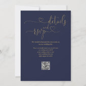 Navy blauw en goud hart script QR code bruiloft Kaart (Achterkant)