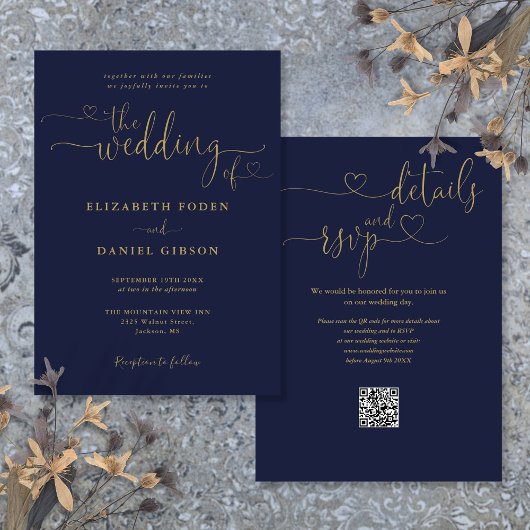 Navy blauw en goud hart script QR code bruiloft Kaart