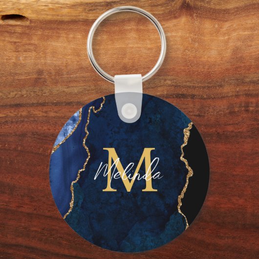 Navy Blauw en Goud Marmer Agaat Sleutelhanger (Achterkant)