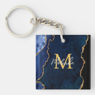 Navy Blauw en Goud Marmer Agaat Sleutelhanger