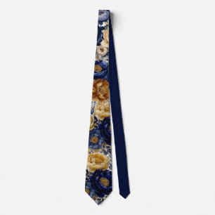 Navy Blauw en Goud Waterverf Pioenbruiloftsbruideg Stropdas